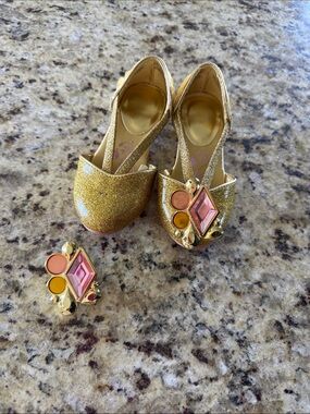 Disney Princess Belle Gold Glitter Toddler Flats with Pink & Orange Gem Accents